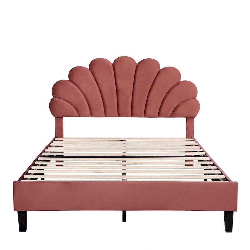 Lit plateforme pleine grandeur classique Cadre de lit rembourré en velours doux avec tête de lit à motif floral, AUCUN sommier tapissier requis