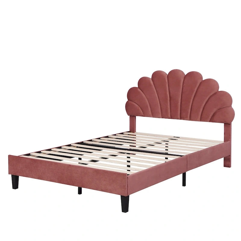 Lit plateforme pleine grandeur classique Cadre de lit rembourré en velours doux avec tête de lit à motif floral, AUCUN sommier tapissier requis
