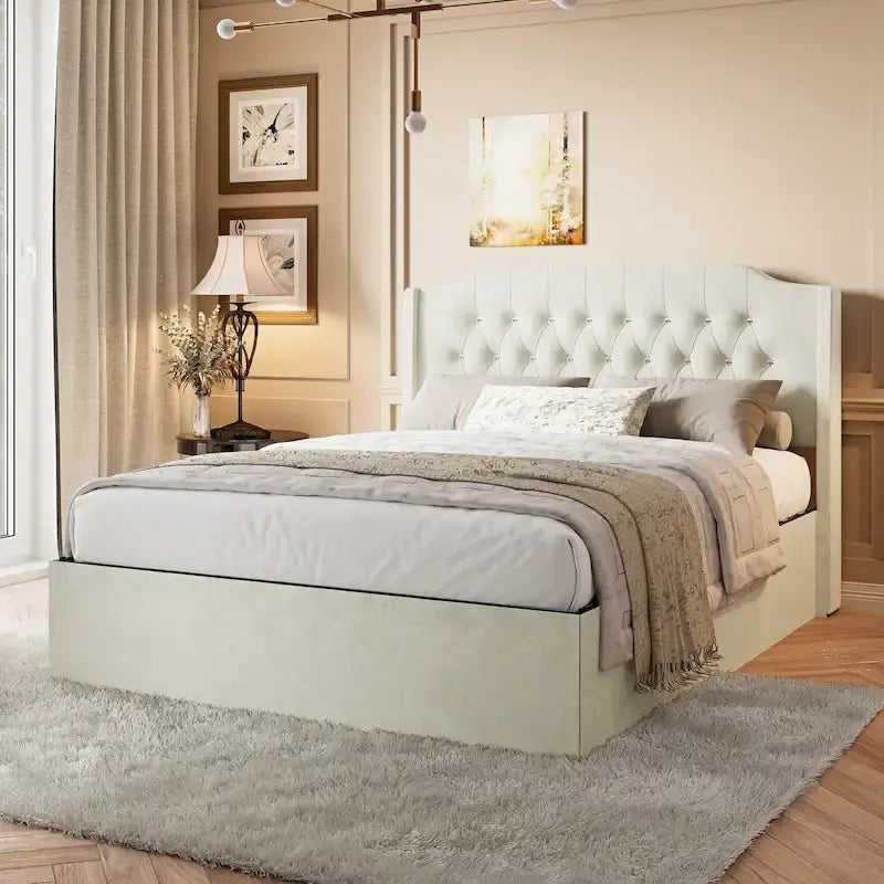 Cadre de lit capitonné Queen Size avec boutons en cristal, tête de lit à oreilles et rangement sous le lit, Beige