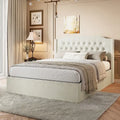 Cadre de lit capitonné Queen Size avec boutons en cristal, tête de lit à oreilles et rangement sous le lit, Beige