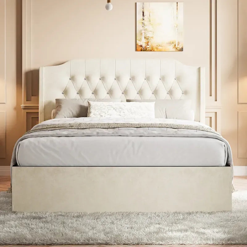 Cadre de lit capitonné Queen Size avec boutons en cristal, tête de lit à oreilles et rangement sous le lit, Beige