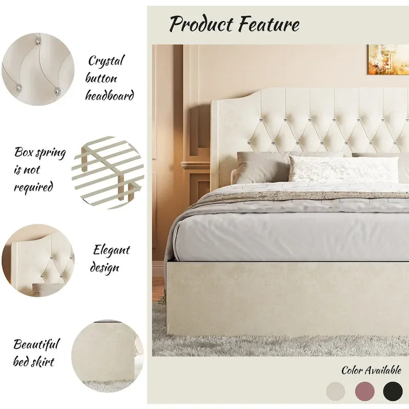 Cadre de lit capitonné Queen Size avec boutons en cristal, tête de lit à oreilles et rangement sous le lit, Beige