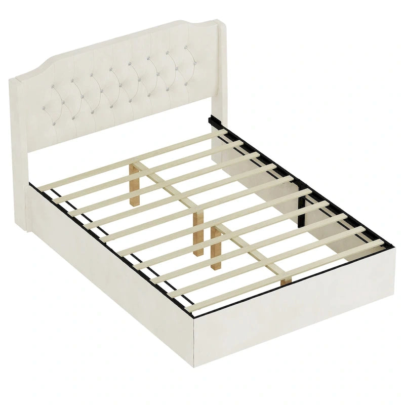 Cadre de lit capitonné Queen Size avec boutons en cristal, tête de lit à oreilles et rangement sous le lit, Beige
