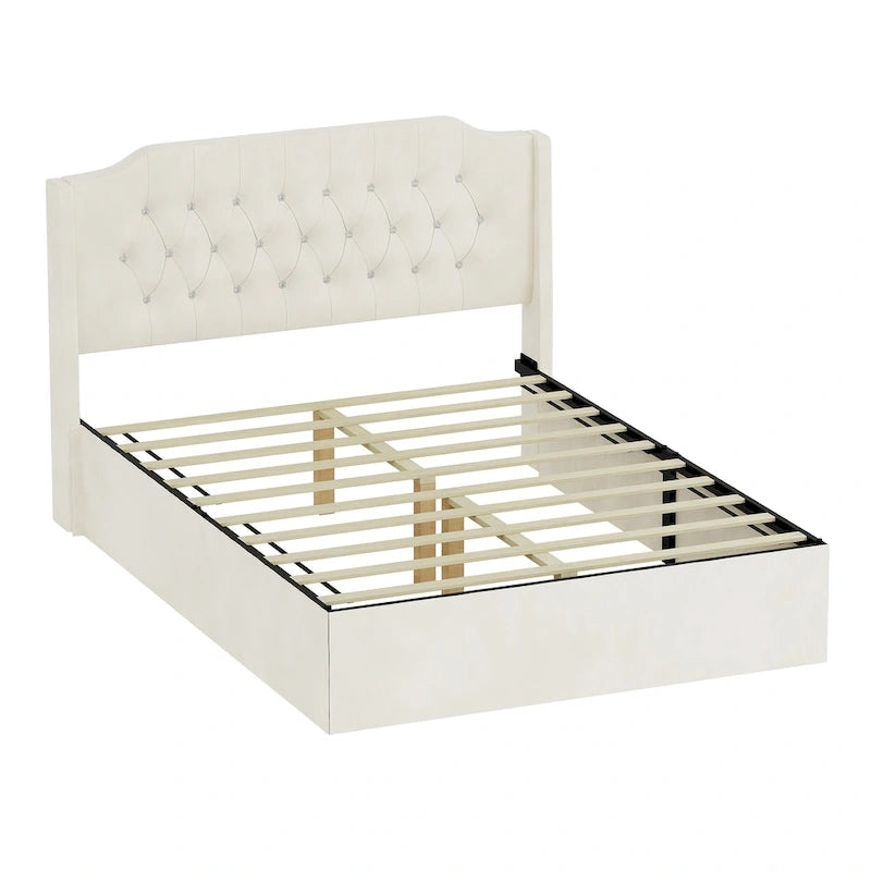 Cadre de lit capitonné Queen Size avec boutons en cristal, tête de lit à oreilles et rangement sous le lit, Beige
