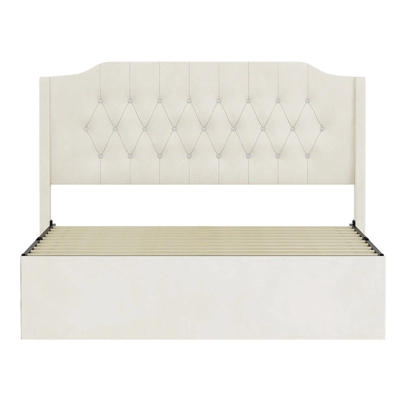 Cadre de lit capitonné Queen Size avec boutons en cristal, tête de lit à oreilles et rangement sous le lit, Beige