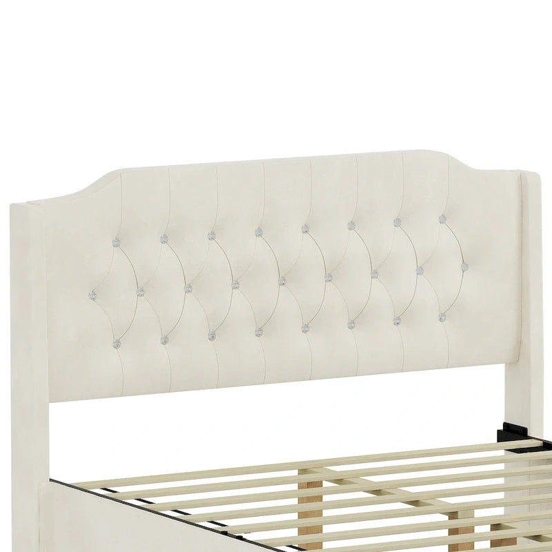 Cadre de lit capitonné Queen Size avec boutons en cristal, tête de lit à oreilles et rangement sous le lit, Beige