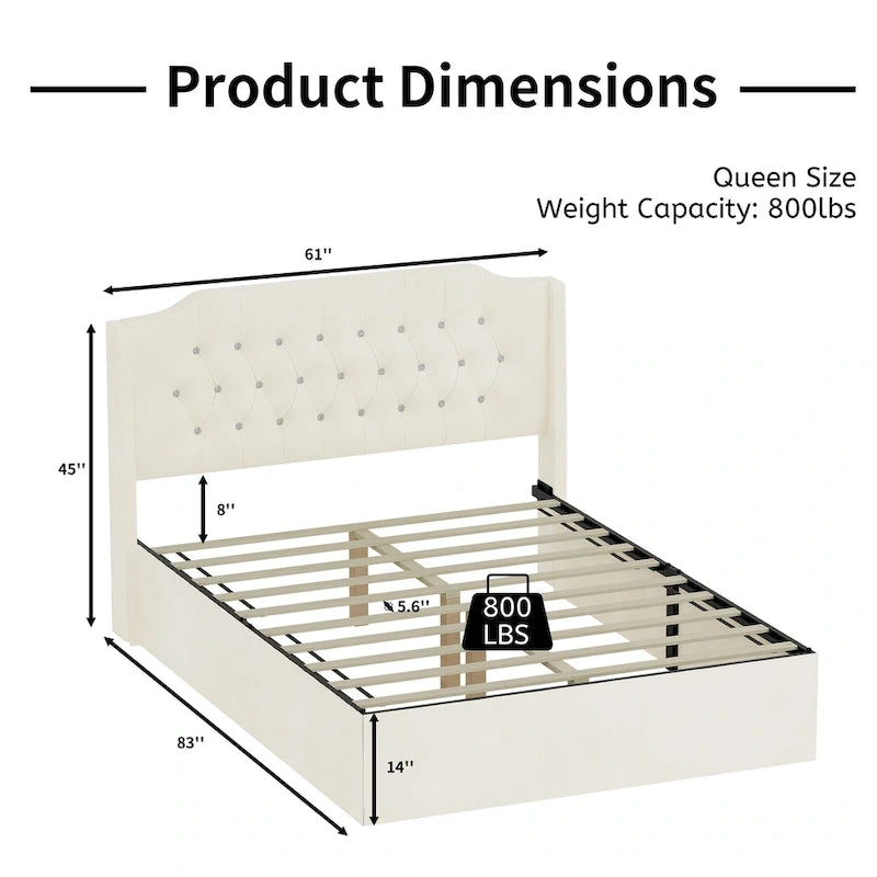 Cadre de lit capitonné Queen Size avec boutons en cristal, tête de lit à oreilles et rangement sous le lit, Beige