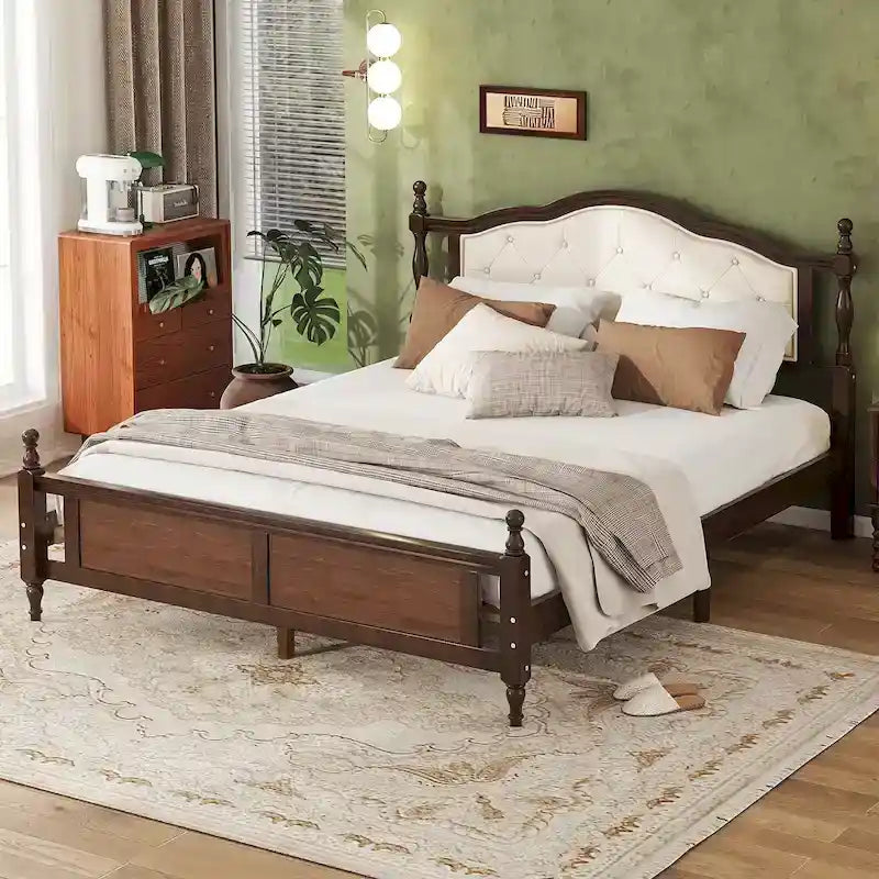 Lit Queen en bois de pin avec tête de lit capitonnée et pied de lit à panneaux, rangement dissimulé, noyer