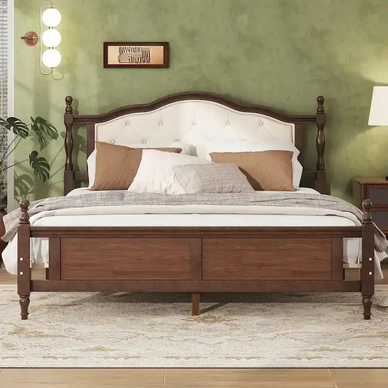 Lit Queen en bois de pin avec tête de lit capitonnée et pied de lit à panneaux, rangement dissimulé, noyer