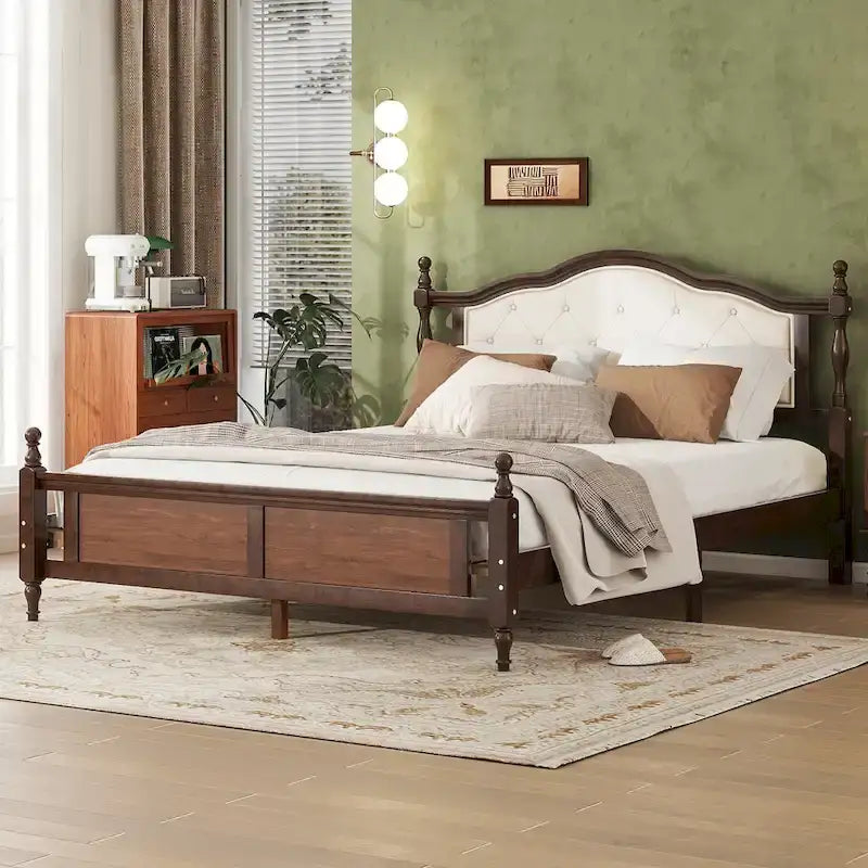 Lit Queen en bois de pin avec tête de lit capitonnée et pied de lit à panneaux, rangement dissimulé, noyer