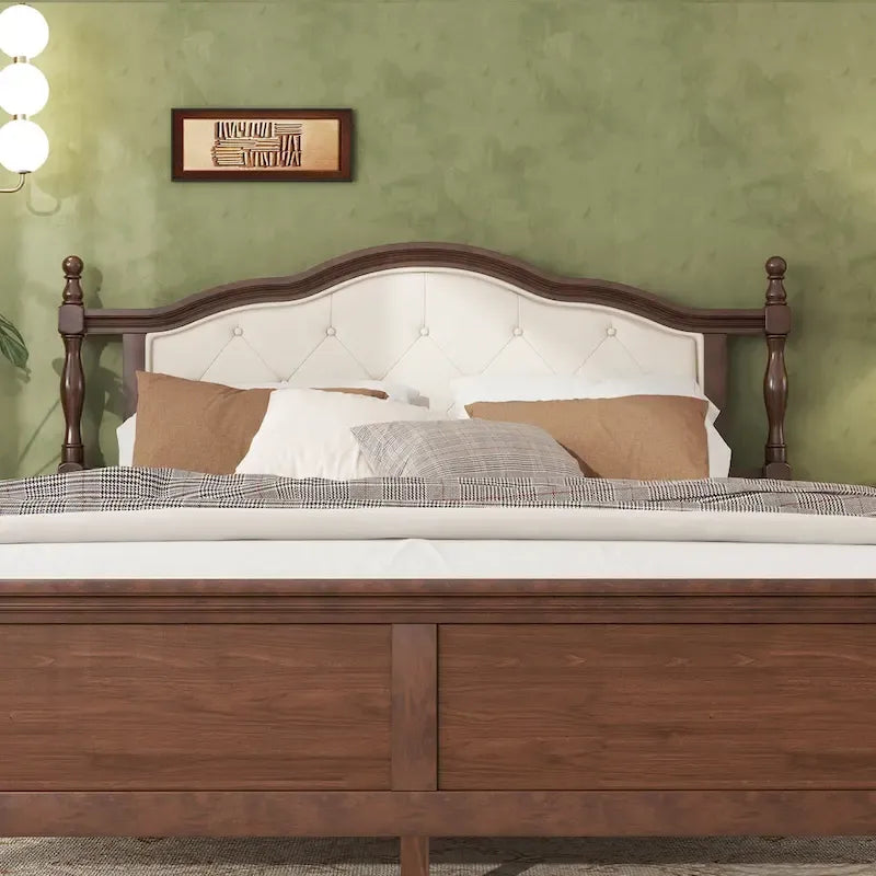 Lit Queen en bois de pin avec tête de lit capitonnée et pied de lit à panneaux, rangement dissimulé, noyer