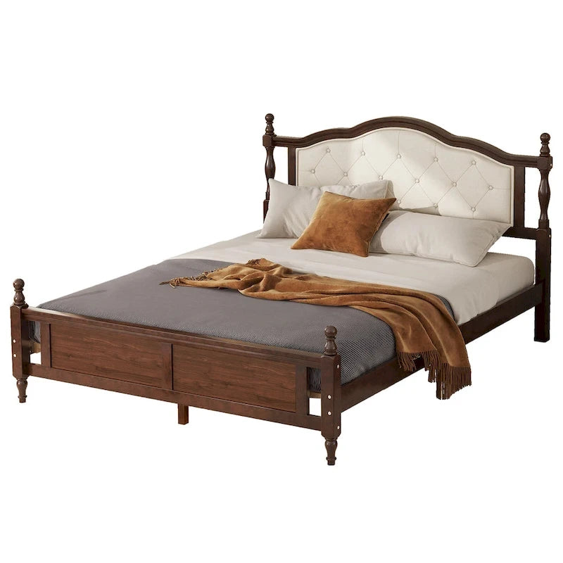 Lit Queen en bois de pin avec tête de lit capitonnée et pied de lit à panneaux, rangement dissimulé, noyer