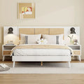 Lit Queen Size en Bois Massif avec 2 Tables de Chevet, Lampes Intégrées, Design Rotin et Bois, Blanc