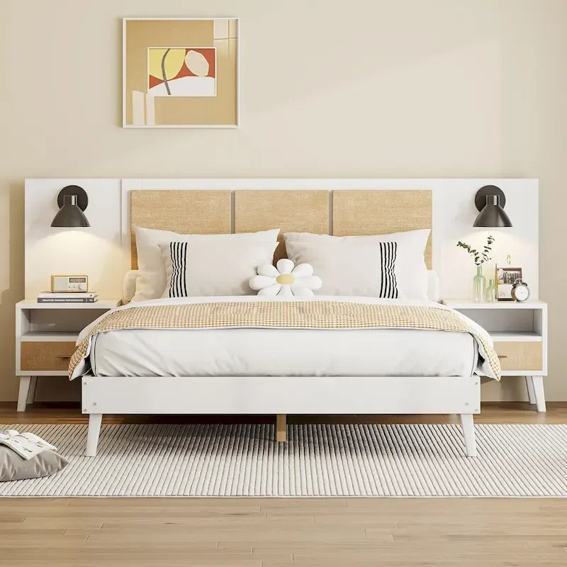 Lit Queen Size en Bois Massif avec 2 Tables de Chevet, Lampes Intégrées, Design Rotin et Bois, Blanc