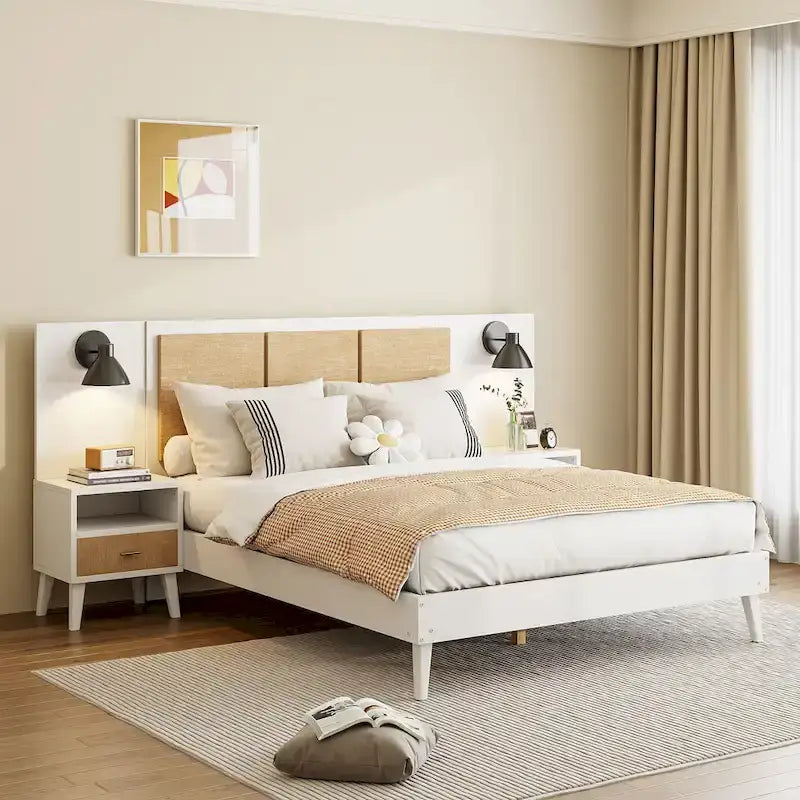 Lit Queen Size en Bois Massif avec 2 Tables de Chevet, Lampes Intégrées, Design Rotin et Bois, Blanc
