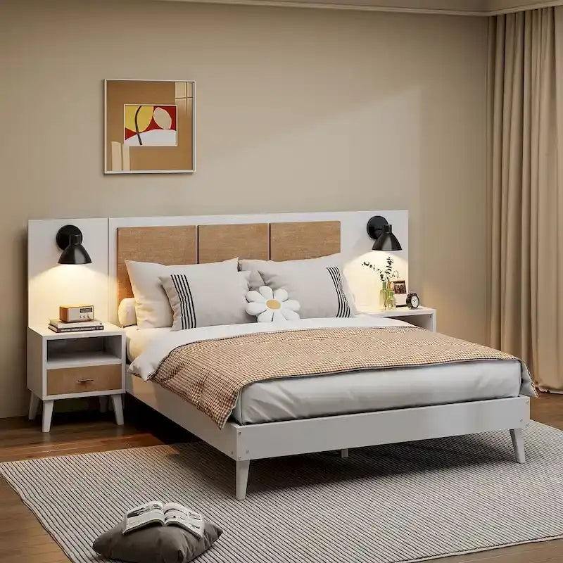 Lit Queen Size en Bois Massif avec 2 Tables de Chevet, Lampes Intégrées, Design Rotin et Bois, Blanc