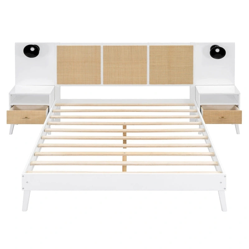 Lit Queen Size en Bois Massif avec 2 Tables de Chevet, Lampes Intégrées, Design Rotin et Bois, Blanc