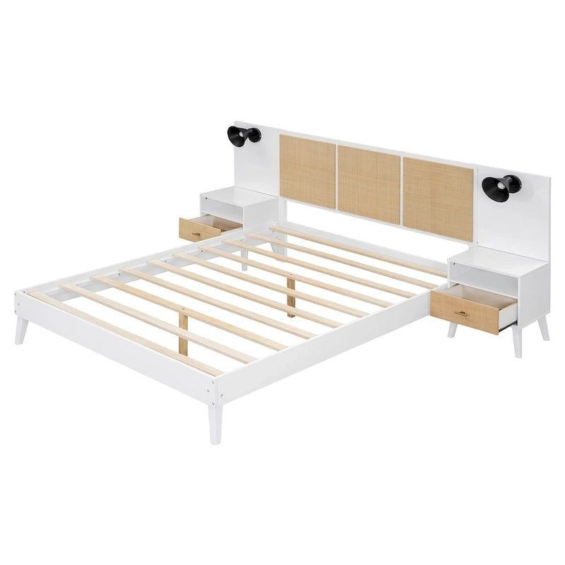 Lit Queen Size en Bois Massif avec 2 Tables de Chevet, Lampes Intégrées, Design Rotin et Bois, Blanc