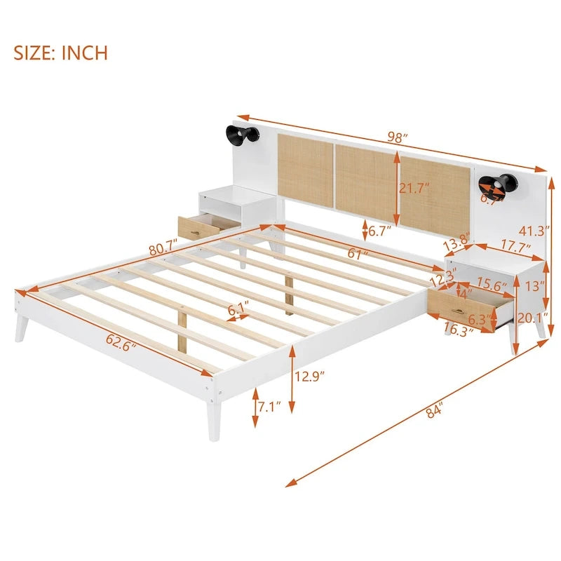 Lit Queen Size en Bois Massif avec 2 Tables de Chevet, Lampes Intégrées, Design Rotin et Bois, Blanc