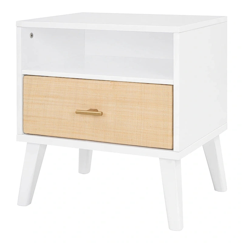 Lit Queen Size en Bois Massif avec 2 Tables de Chevet, Lampes Intégrées, Design Rotin et Bois, Blanc