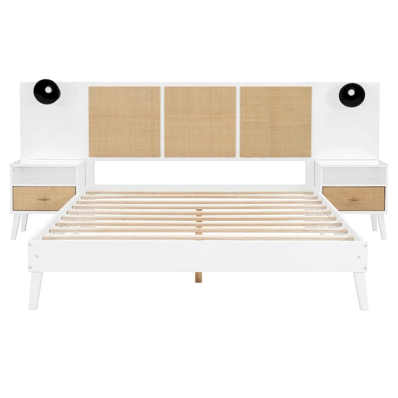 Lit Queen Size en Bois Massif avec 2 Tables de Chevet, Lampes Intégrées, Design Rotin et Bois, Blanc