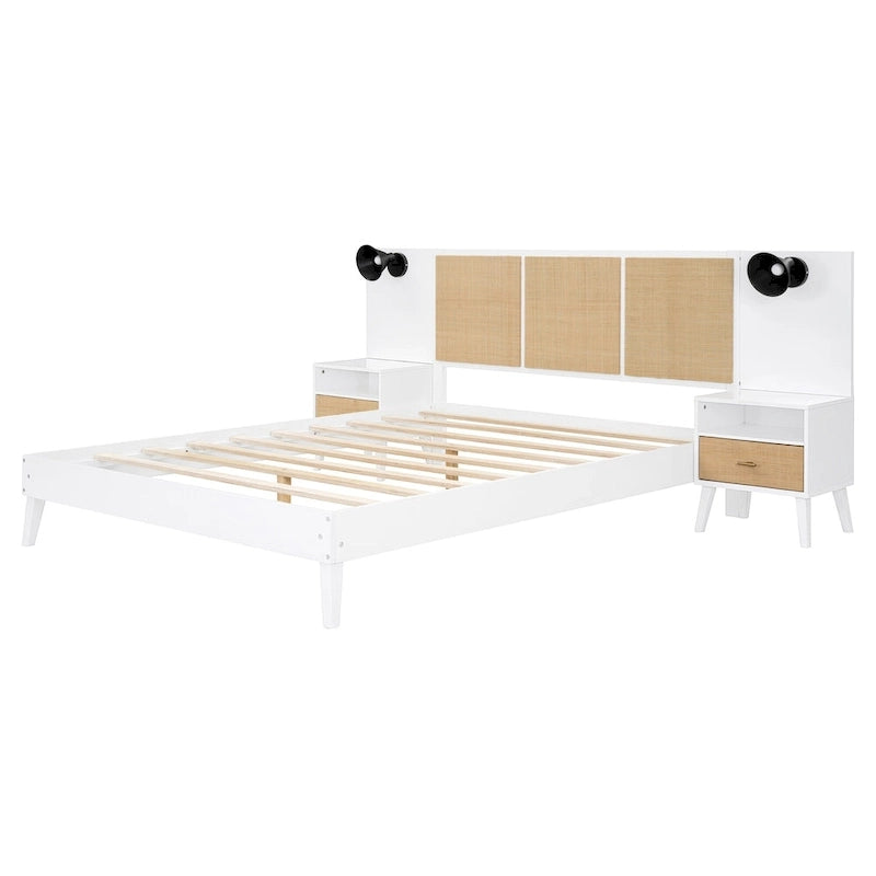 Lit Queen Size en Bois Massif avec 2 Tables de Chevet, Lampes Intégrées, Design Rotin et Bois, Blanc