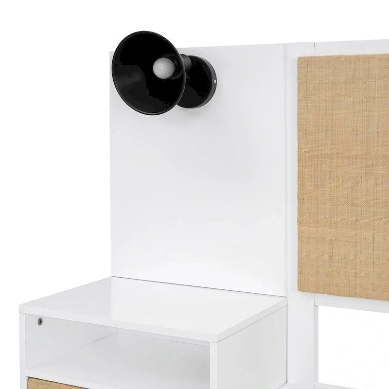 Lit Queen Size en Bois Massif avec 2 Tables de Chevet, Lampes Intégrées, Design Rotin et Bois, Blanc