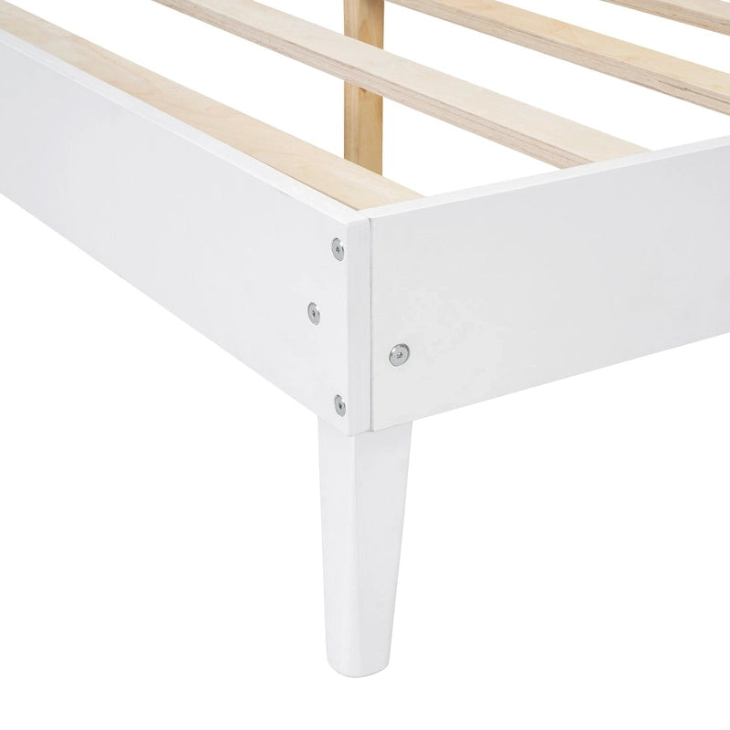 Lit Queen Size en Bois Massif avec 2 Tables de Chevet, Lampes Intégrées, Design Rotin et Bois, Blanc