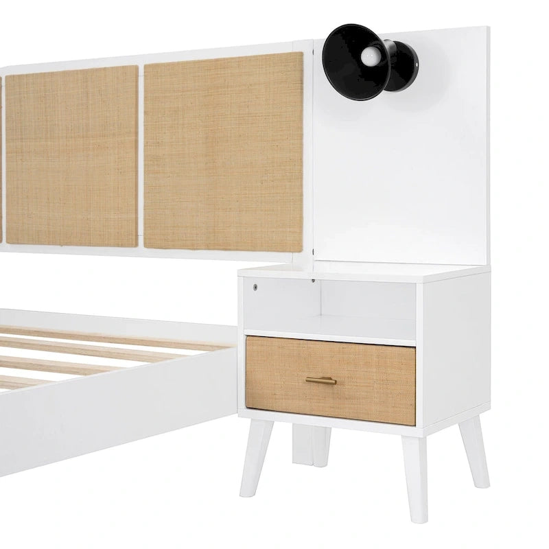 Lit Queen Size en Bois Massif avec 2 Tables de Chevet, Lampes Intégrées, Design Rotin et Bois, Blanc