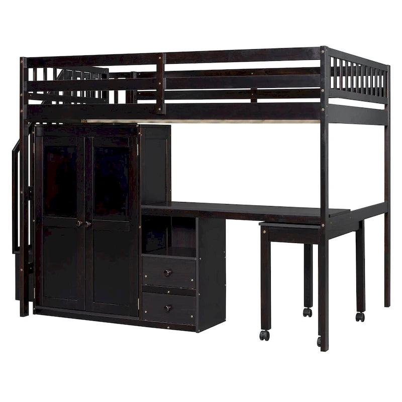 Lit mezzanine double avec escalier, bureau intégré et 5 rangements en 1