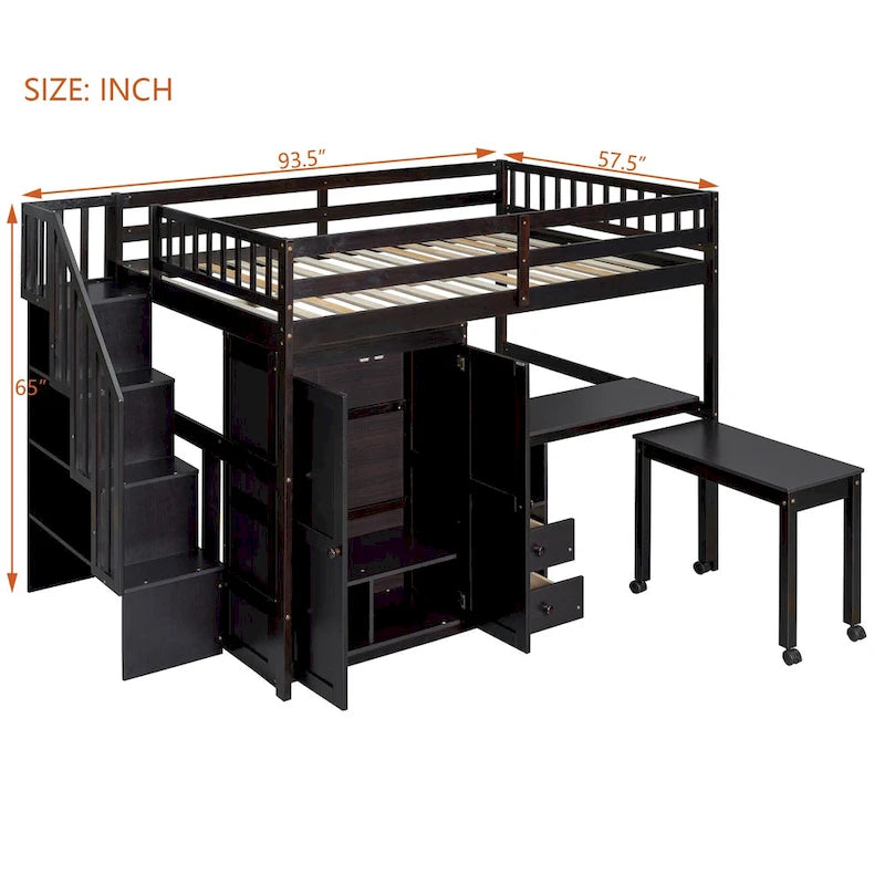 Lit mezzanine double avec escalier, bureau intégré et 5 rangements en 1