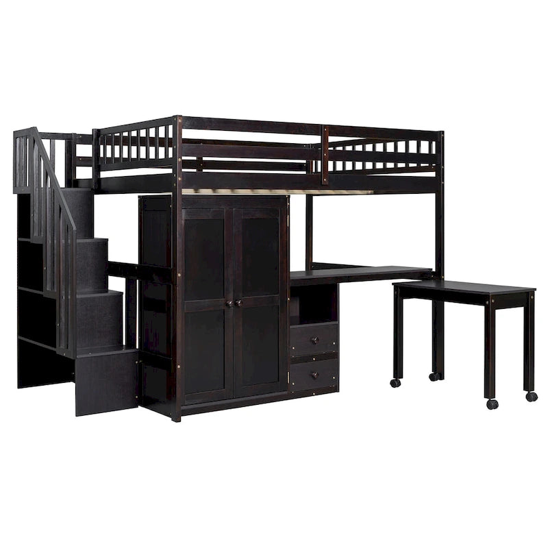 Lit mezzanine double avec escalier, bureau intégré et 5 rangements en 1