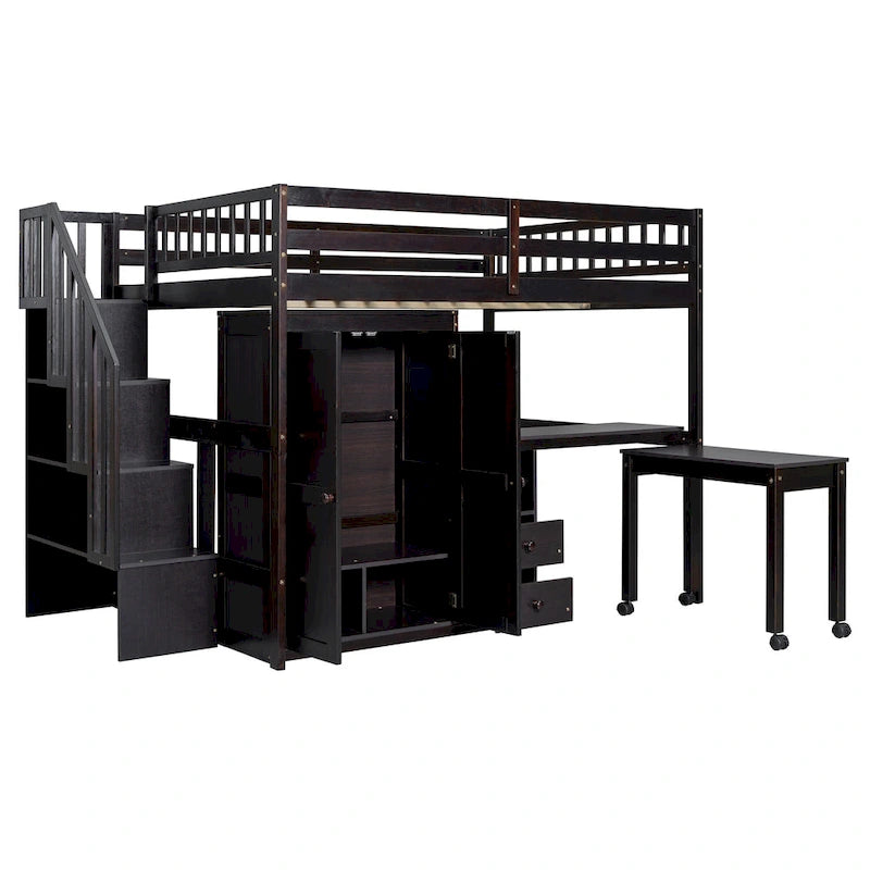 Lit mezzanine double avec escalier, bureau intégré et 5 rangements en 1