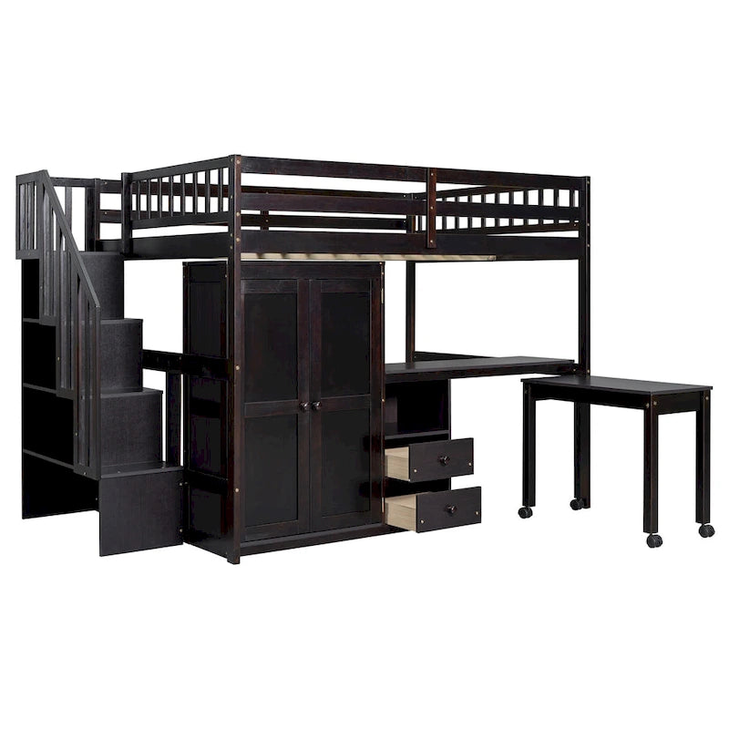 Lit mezzanine double avec escalier, bureau intégré et 5 rangements en 1