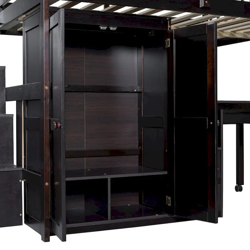 Lit mezzanine double avec escalier, bureau intégré et 5 rangements en 1