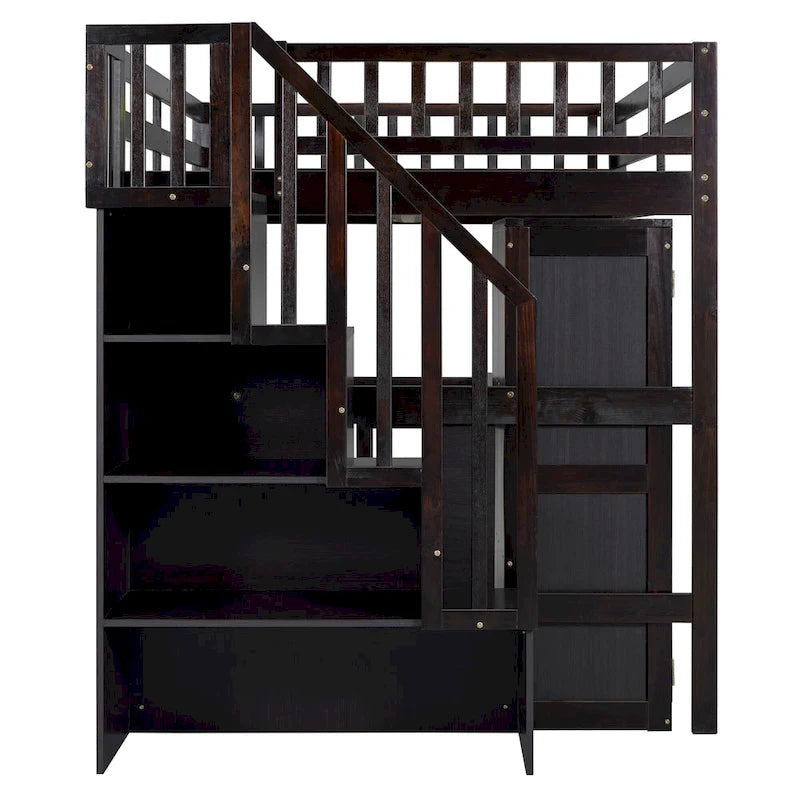Lit mezzanine double avec escalier, bureau intégré et 5 rangements en 1