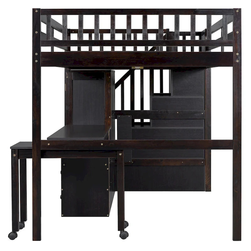 Lit mezzanine double avec escalier, bureau intégré et 5 rangements en 1