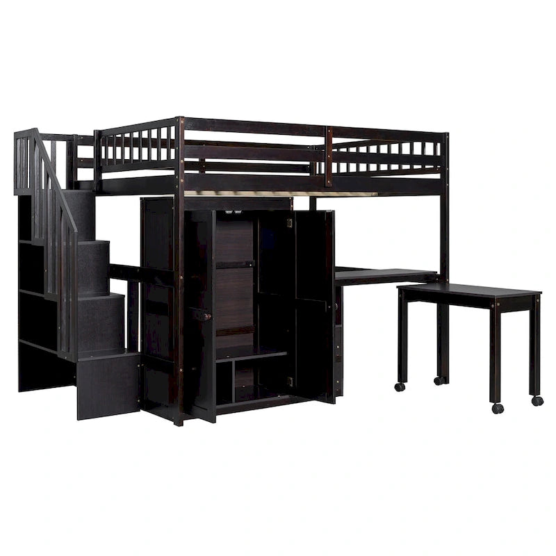 Lit mezzanine double avec escalier, bureau intégré et 5 rangements en 1