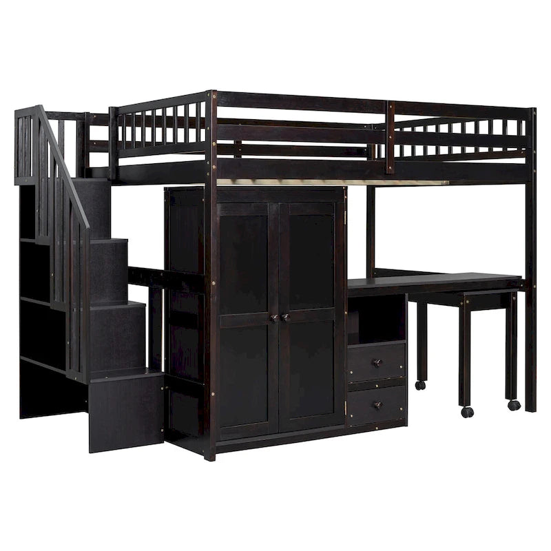 Lit mezzanine double avec escalier, bureau intégré et 5 rangements en 1