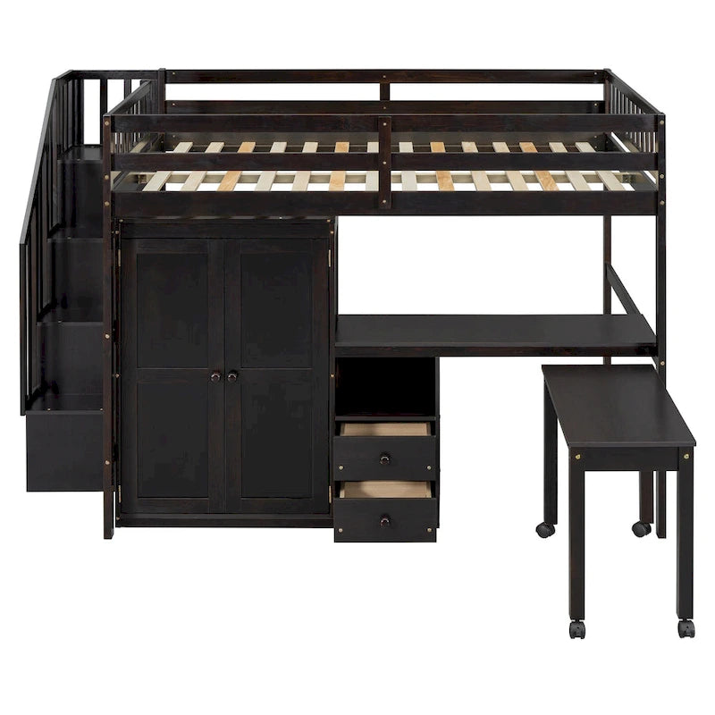 Lit mezzanine double avec escalier, bureau intégré et 5 rangements en 1