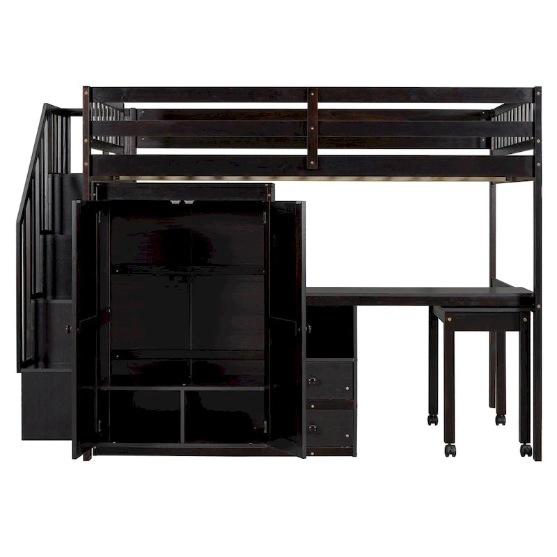 Lit mezzanine double avec escalier, bureau intégré et 5 rangements en 1