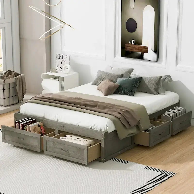Lit plateforme format grand lit avec 6 tiroirs de rangement, blanc antique