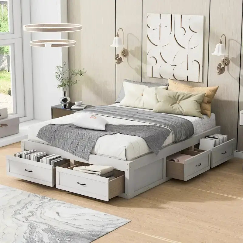 Lit plateforme format grand lit avec 6 tiroirs de rangement, blanc antique