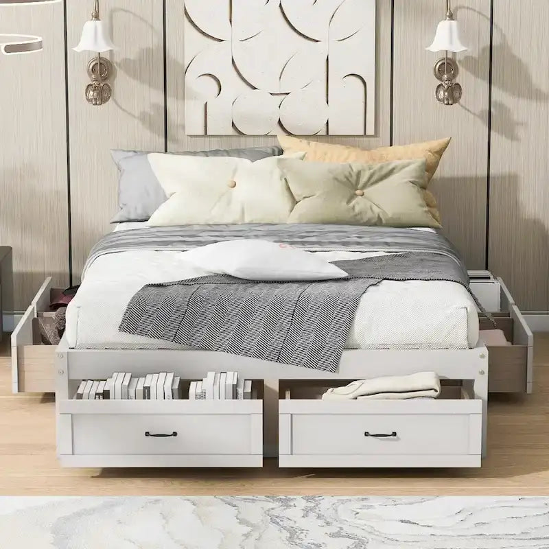 Lit plateforme format grand lit avec 6 tiroirs de rangement, blanc antique