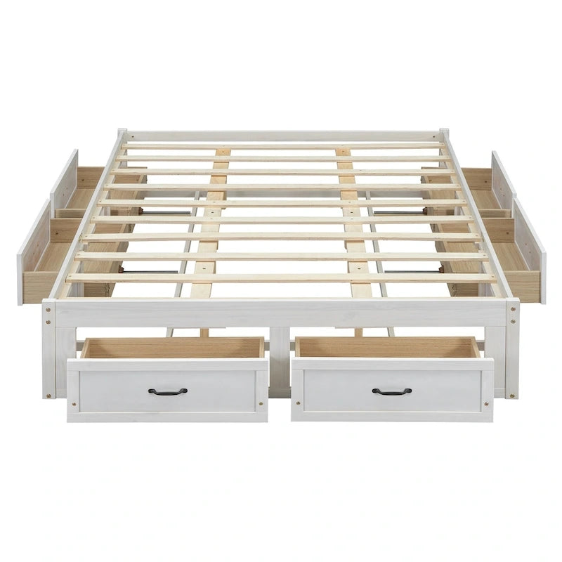 Lit plateforme format grand lit avec 6 tiroirs de rangement, blanc antique