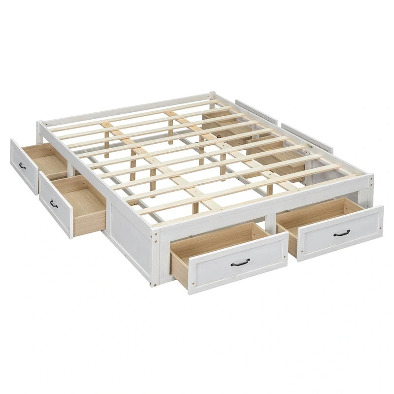 Lit plateforme format grand lit avec 6 tiroirs de rangement, blanc antique