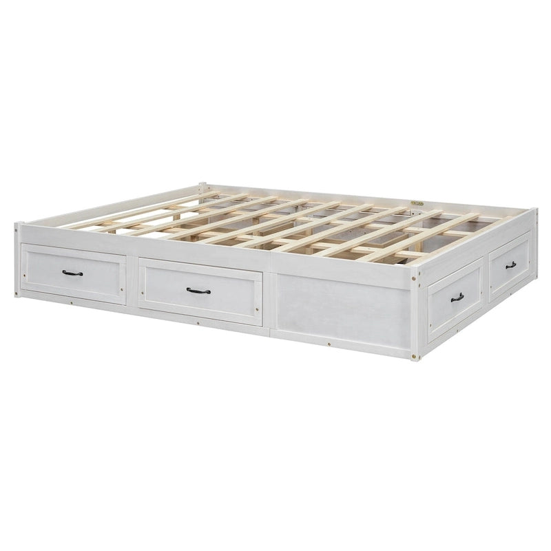 Lit plateforme format grand lit avec 6 tiroirs de rangement, blanc antique