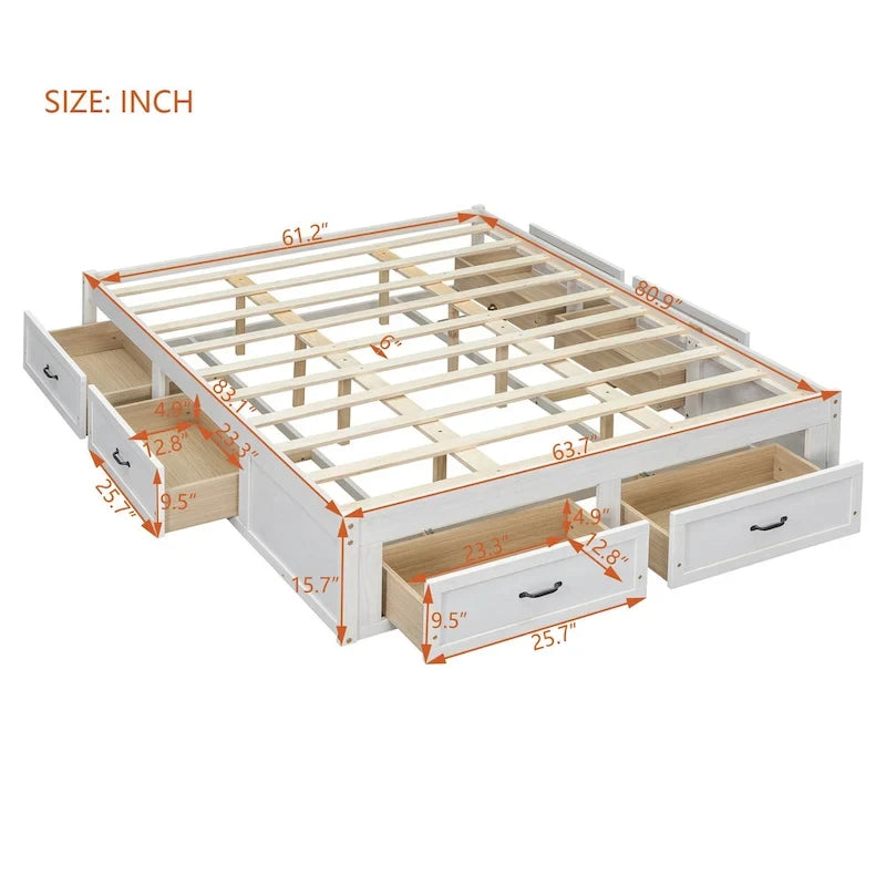 Lit plateforme format grand lit avec 6 tiroirs de rangement, blanc antique