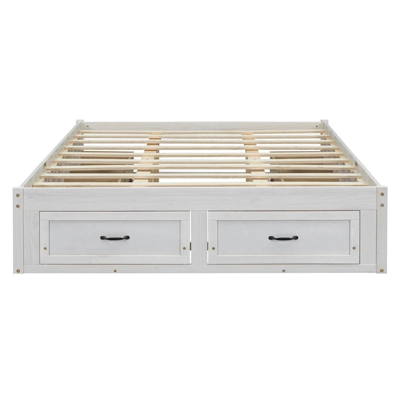 Lit plateforme format grand lit avec 6 tiroirs de rangement, blanc antique
