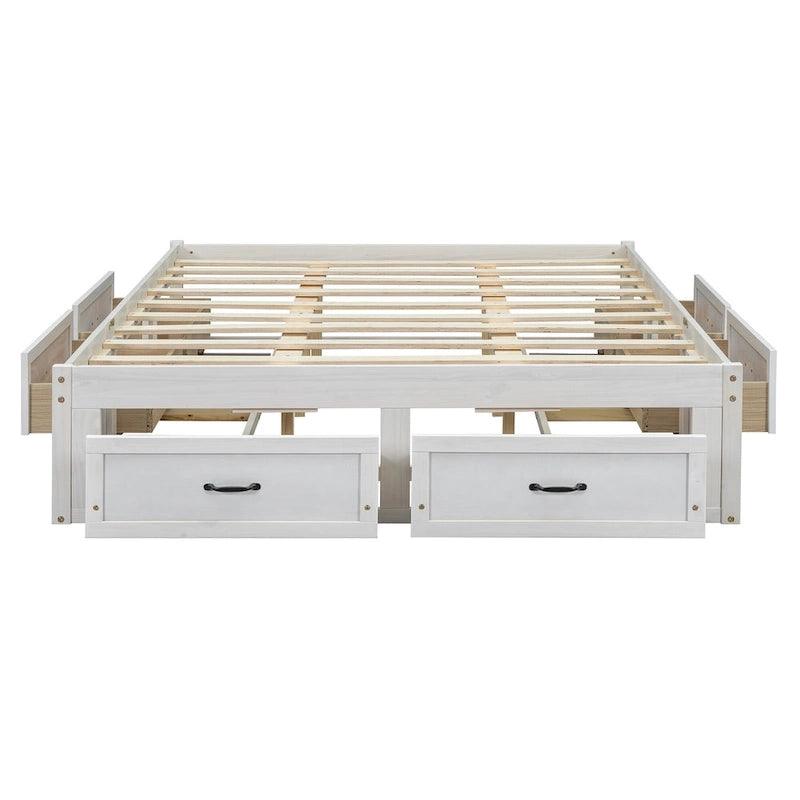 Lit plateforme format grand lit avec 6 tiroirs de rangement, blanc antique